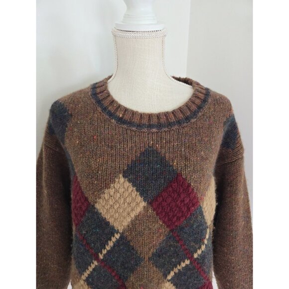 Geoffrey Beene Wool Vintage Argyle Preppy Crew Brown USA Sweater Womens Size M - Picture 2 of 11